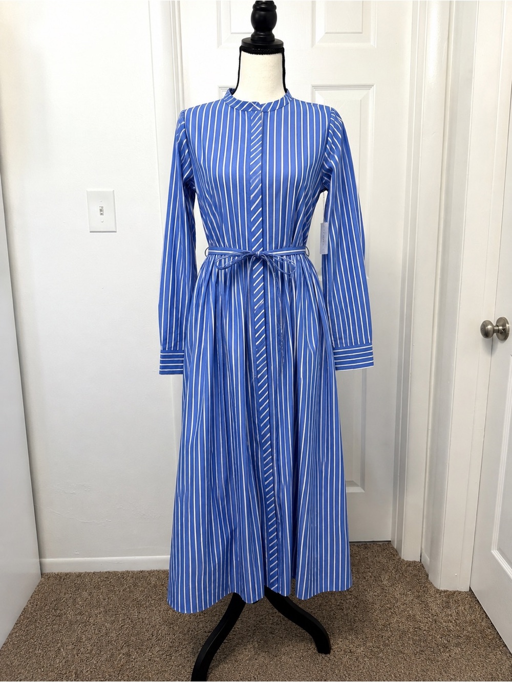 Free Assembly Women’s Blue White Striped Belted Midi Shirt Dress XS 0-2